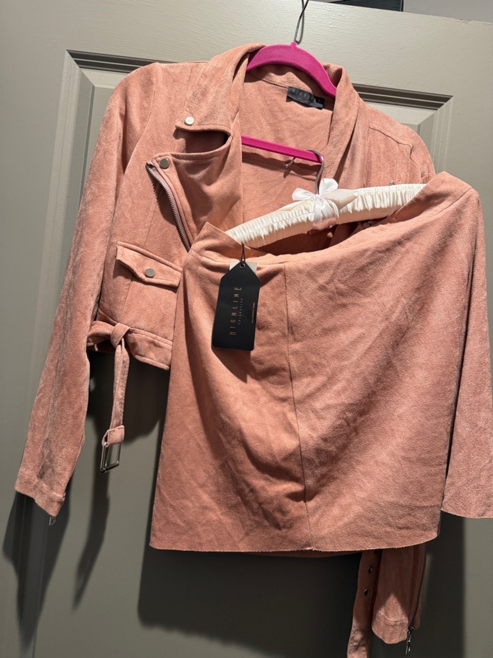 Women’s Suede Moto Jacket and skirt set  - Pink